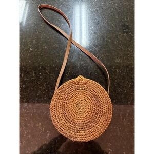 Straw Studios Hand Woven Rattan Round Shoulder Bag Crossbody Purse Boho Hippie